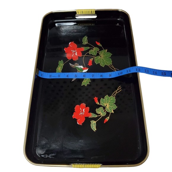 Vintage Red Orchid Lacquerware Nesting Tray Set Hibiscus And Hummingbird Motif - Picture 6 of 12
